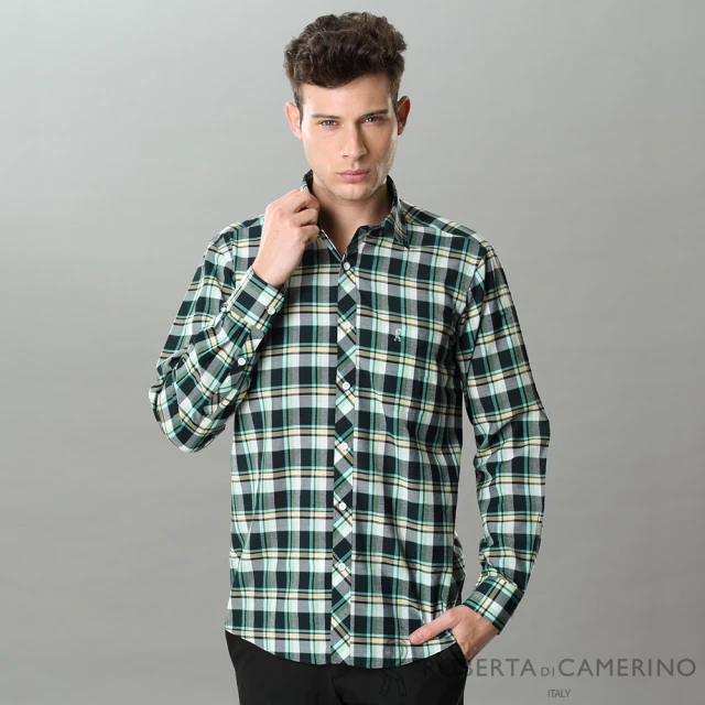 【ROBERTA 諾貝達】進口素材 台灣製 方格品味 休閒長袖襯衫(黑綠)