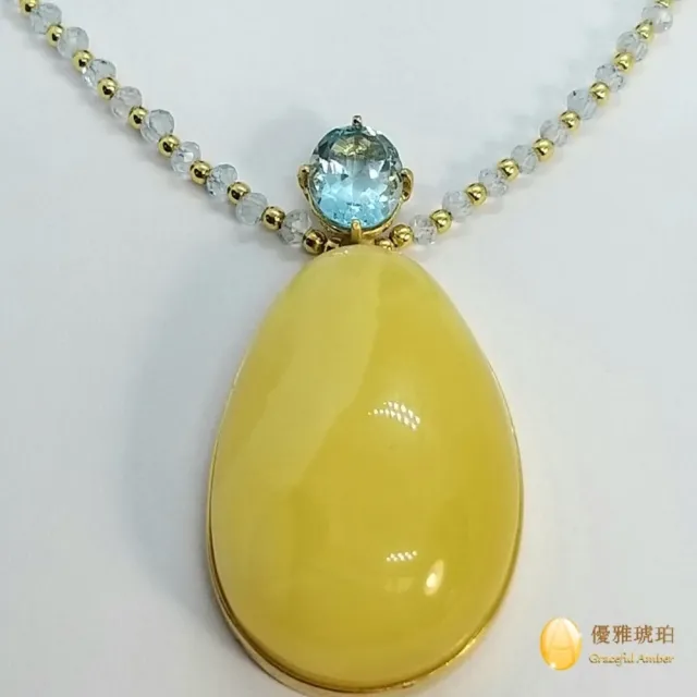 【優雅琥珀】來自波蘭 水滴形優質蜜蠟與藍色托帕石項鍊(具國際琥珀協會鑑定保證卡)