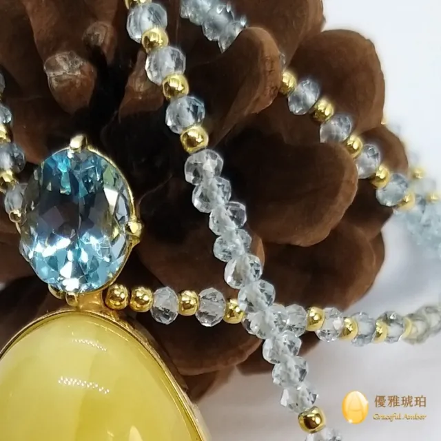 【優雅琥珀】來自波蘭 水滴形優質蜜蠟與藍色托帕石項鍊(具國際琥珀協會鑑定保證卡)