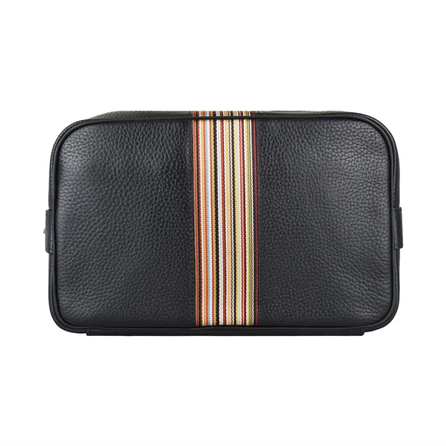 【Paul Smith】PAUL SMITH金字壓印LOGO荔枝紋小牛皮拉鍊化妝包(黑x彩色條紋)