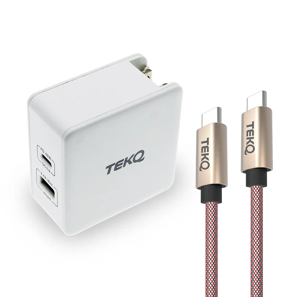 【TEKQ】57W 2孔 USB-C USB PD QC 旅充+ TEKQ uCable USB-C 快充傳輸線 200cm(快充組合)