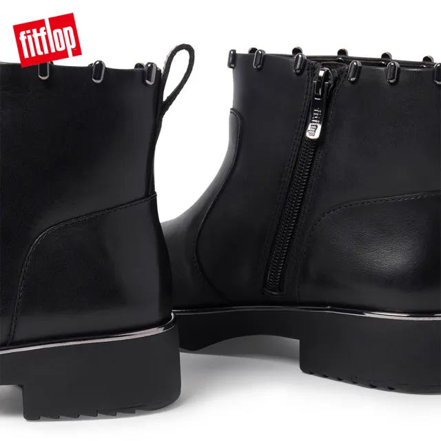 【FitFlop】JACINTA ART STUD ANKLE BOOTS 柔軟皮革拉鍊裸靴-女(靚黑色)