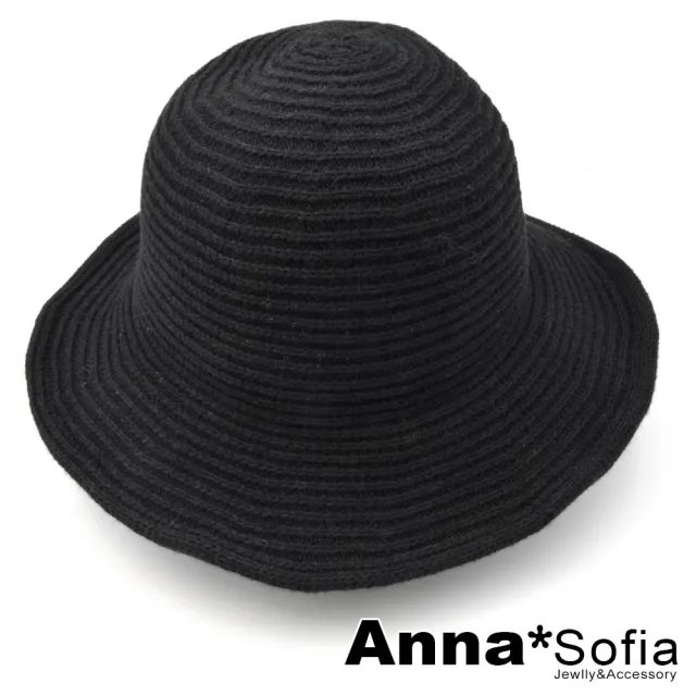 【AnnaSofia】寬簷軟式漁夫帽盆帽-圈層保暖毛線織 現貨(黑色系)
