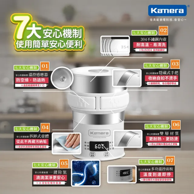 【Kamera 佳美能】溫控式多功能旅行電熱水壺 HD-9642(燒水/除氯/花茶/煮麵/火鍋/保溫)