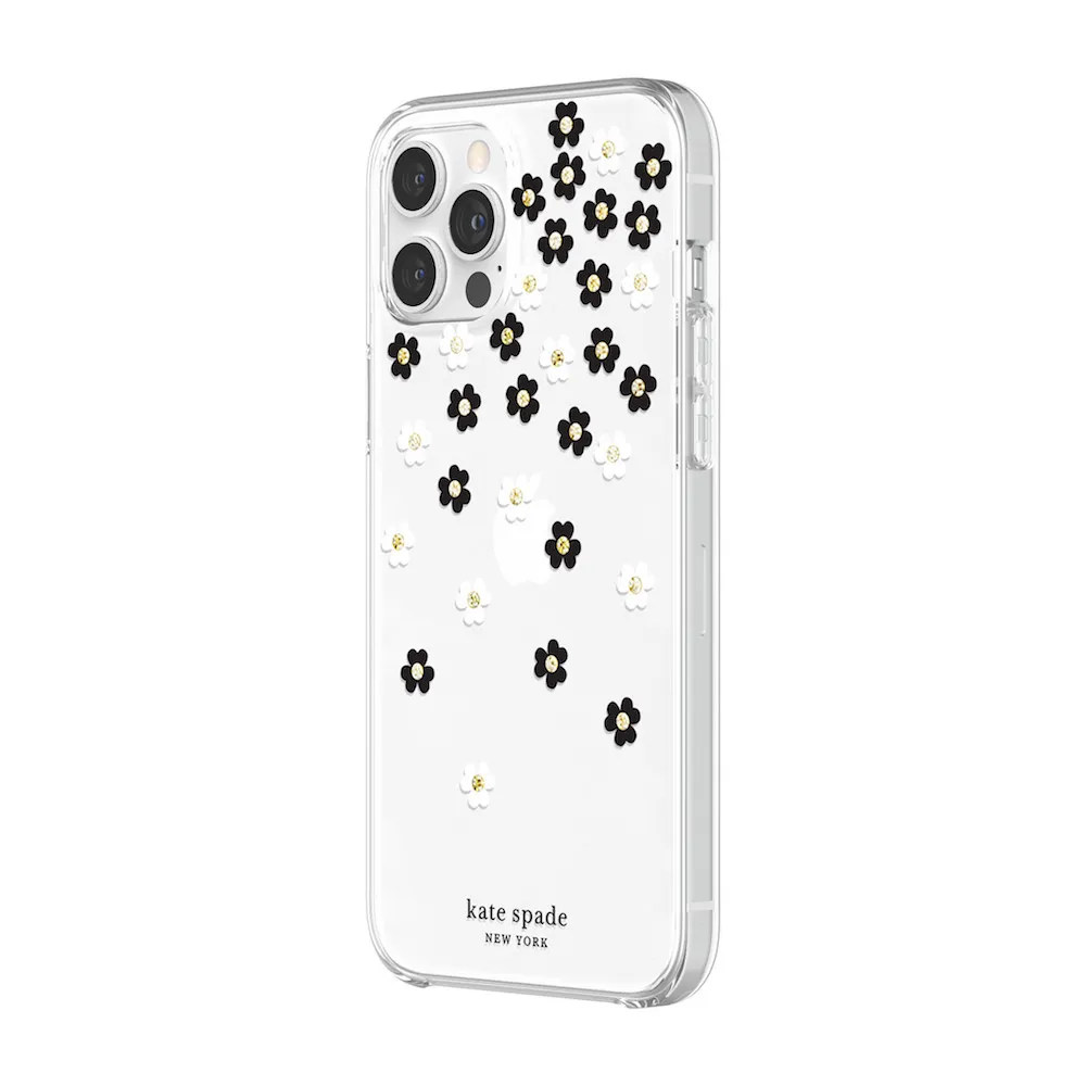 【KATE SPADE】iPhone 12 Pro Max 6.7吋 Scattered Flowers 黑白小花 金色鑲鑽透明殼(iPhone 保護殼)