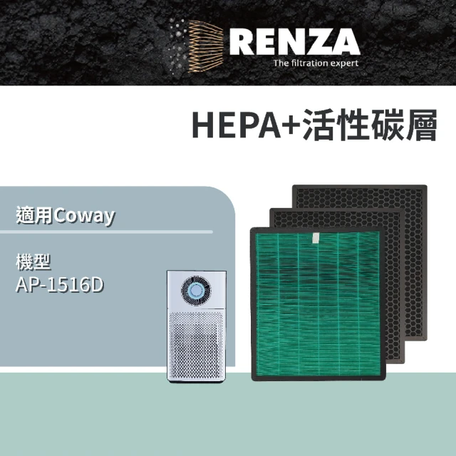 【RENZA】適用Coway AP-1516D AP1516D 1516 大孔劉空氣清淨機(抗菌HEPA濾網+活性碳濾網 濾芯)