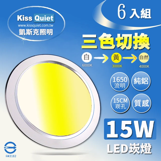 KISS QUIET 15W 可切三色崁燈 全電壓-6入(崁燈 吸頂燈 嵌燈 燈泡 LED崁燈 面板燈 三色崁燈)