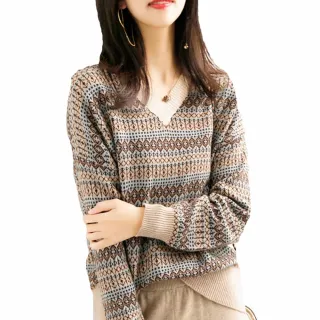 【MsMore】V領雪花圖騰寬鬆針織衫#108150(3色)