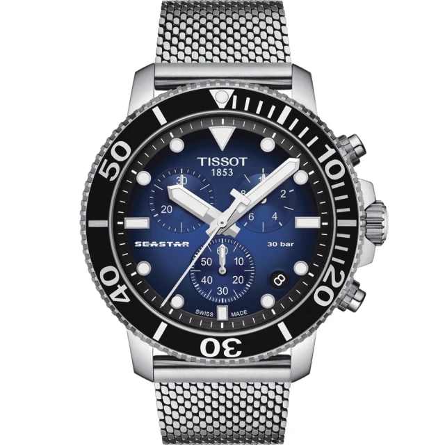 【TISSOT天梭 官方授權】Seastar 海星300米潛水石英錶-鋼帶款    母親節(T1204171104102)