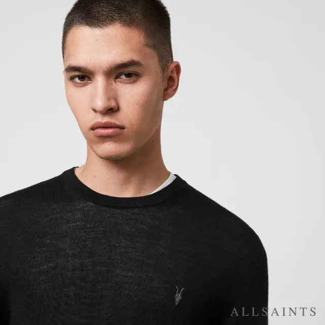 【ALLSAINTS】MODE MERINO 公羊頭骨刺繡修身純羊毛針織上衣-黑 MK129D