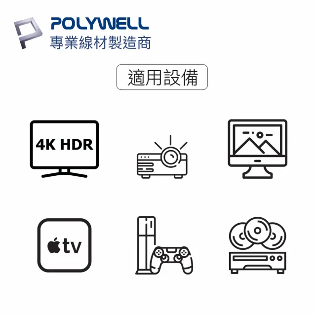 【POLYWELL】HDMI線 2.0版 3M 公對公 4K60Hz UHD HDR ARC(適合家用/工程/裝潢)