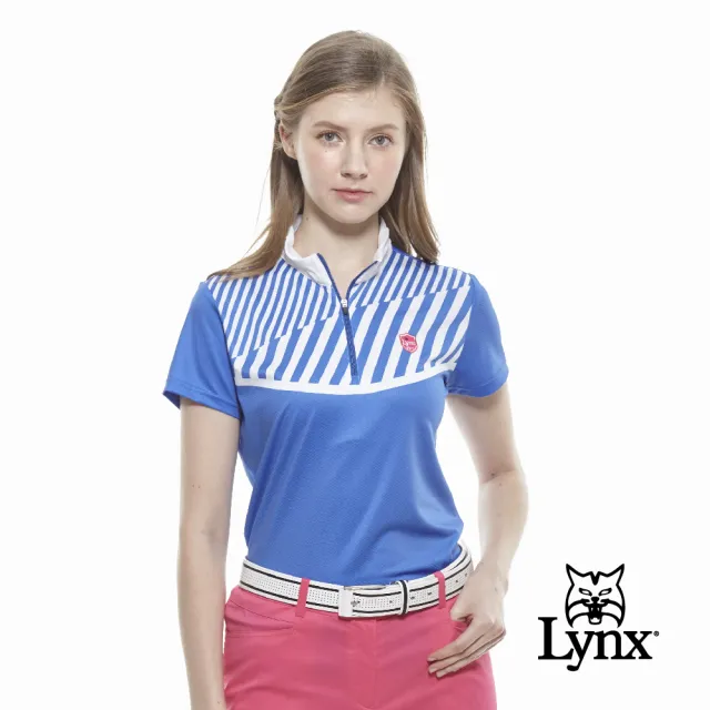 【Lynx Golf】女款吸濕排汗合身版粗細斜條印花短袖立領POLO衫/高爾夫球衫(寶藍色)