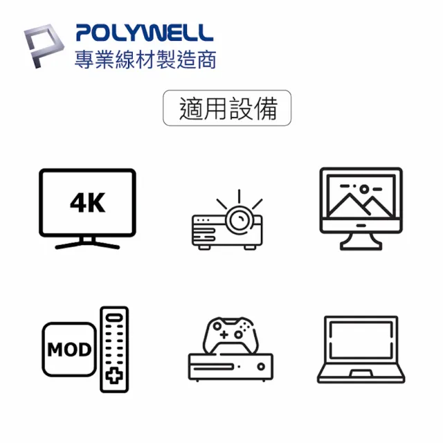 【POLYWELL】HDMI線 1.4版 2M 公對公 4K30Hz 3D Ethernet ARC(適合家用/工程/裝潢)