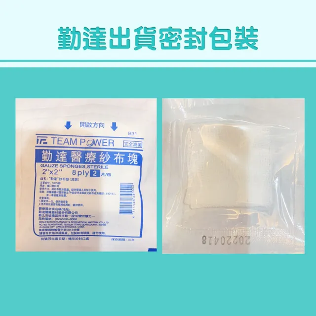 【勤達】醫療級滅菌款共20包/袋-2片裝/包-2X2吋-8P紗布塊-B31(純棉傷口用紗布)
