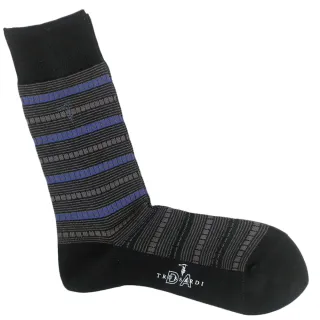 【TRUSSARDI】經典刺繡LOGO雙色條紋休閒中筒襪中長襪(藍黑色)