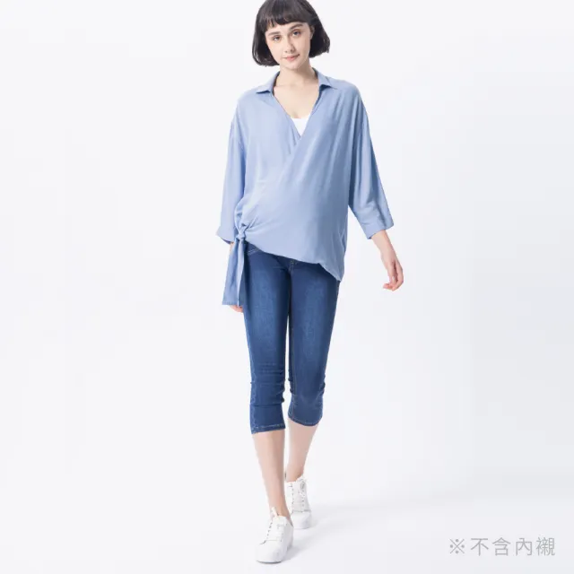 【Gennies 奇妮】大V領涼感襯衫上衣-淺藍(孕婦裝 垂領 八分袖 寬袖 交叉 綁帶)