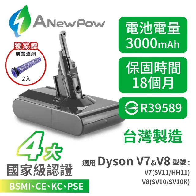 ANEWPOW】Dyson V7/V8/SV10/SV11適用新銳動能DC8230副廠鋰電池+前置濾