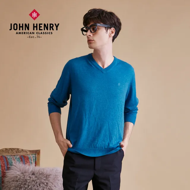 【JOHN HENRY】特級美麗諾羊毛V領毛衣-藍