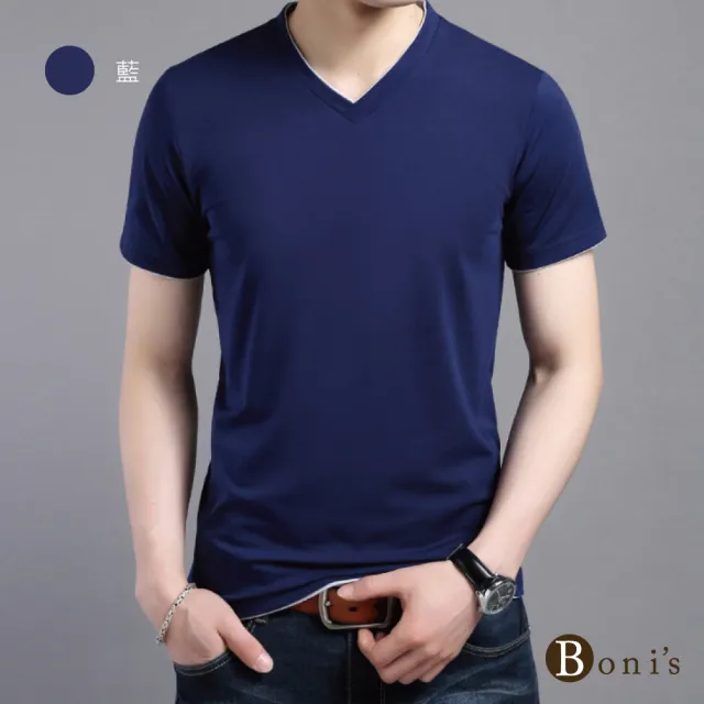 【Boni’s】純棉配色V領口透氣舒適T恤 L-3XL(白色 / 灰色 / 藍色 / 黑色)