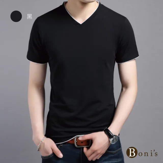 【Boni’s】純棉配色V領口透氣舒適T恤 L-3XL(白色 / 灰色 / 藍色 / 黑色)