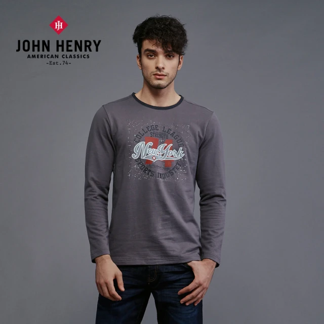 【JOHN HENRY】純棉復古噴墨文字設計長袖-灰
