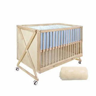 【PUKU 藍色企鵝】Growth成長多功能嬰兒床木色120*65cm(含藍色6件寢具組+床墊+蚊帳)