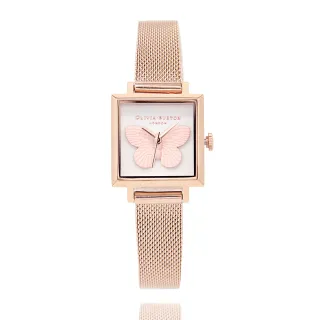 【Olivia Burton】3D蝴蝶方形殼 玫瑰金框白面 玫金米蘭錶帶 手錶 女錶 22mm 母親節(OB16MB18)