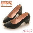 【amai】真皮尖頭拼接金屬粗跟鞋 真皮鞋 中跟鞋 上班鞋 跟鞋 大尺碼 台灣製 J09-98BK《半半系列》(黑色)