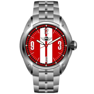 【MINI SWISS WATCHES】石英錶 45mm 紅底白條錶面 不銹鋼錶帶(銀色)