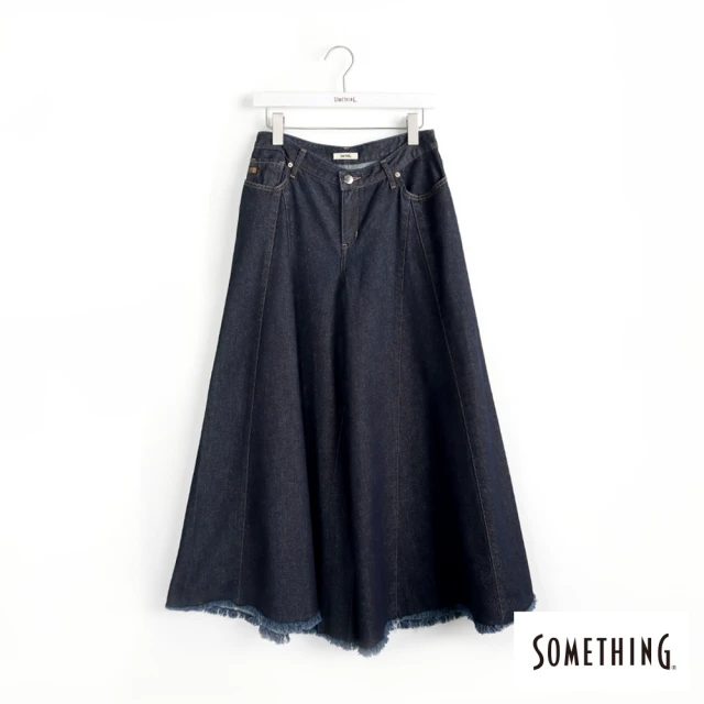【SOMETHING】女裝 剪接寬版牛仔褲(原藍色)
