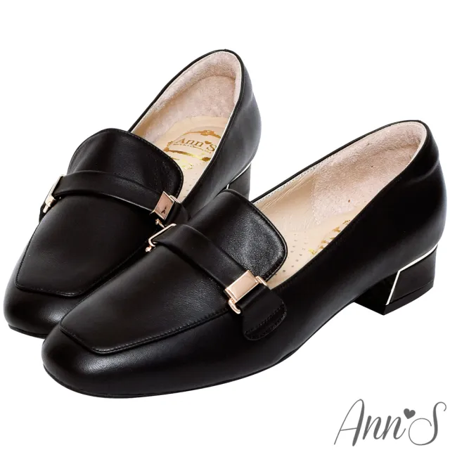 【Ann’S】超柔軟綿羊皮-微方頭訂製扣帶金屬粗跟樂福鞋3cm(黑)