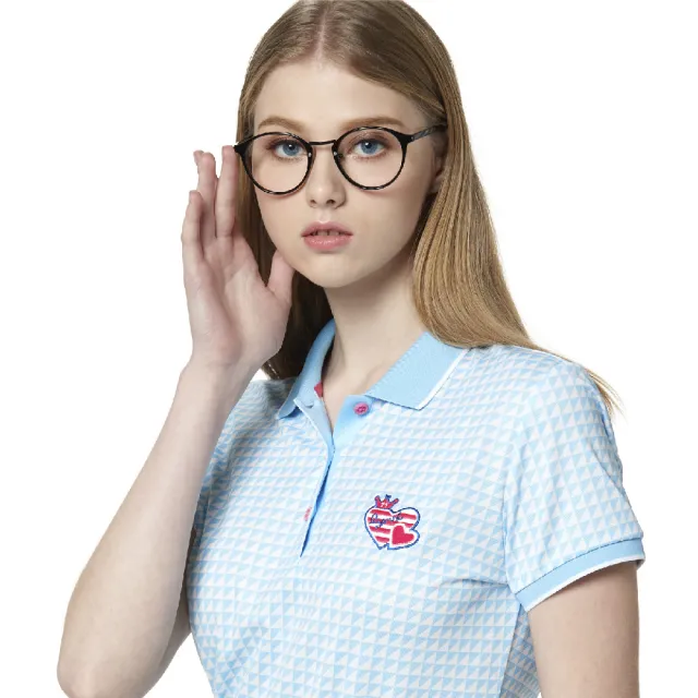 【Lynx Golf】女款吸汗速乾羅紋配色滿版三角印花短袖POLO衫/高爾夫球衫(水藍色)