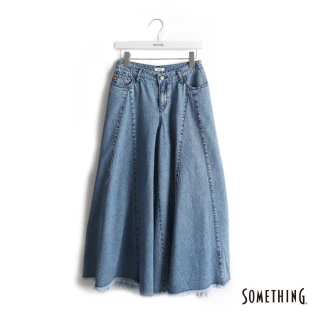 【SOMETHING】女裝 剪接寬版牛仔褲(中古藍)