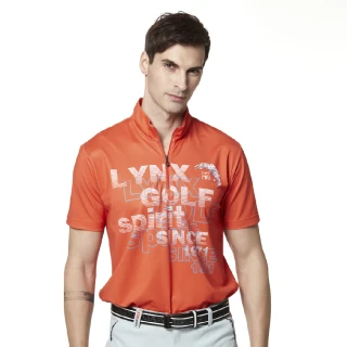 【Lynx Golf】男款吸濕排汗Lynx Spirit合身版抗UV網眼布料造型拉片短袖立領POLO衫/高爾夫球衫(橘色)