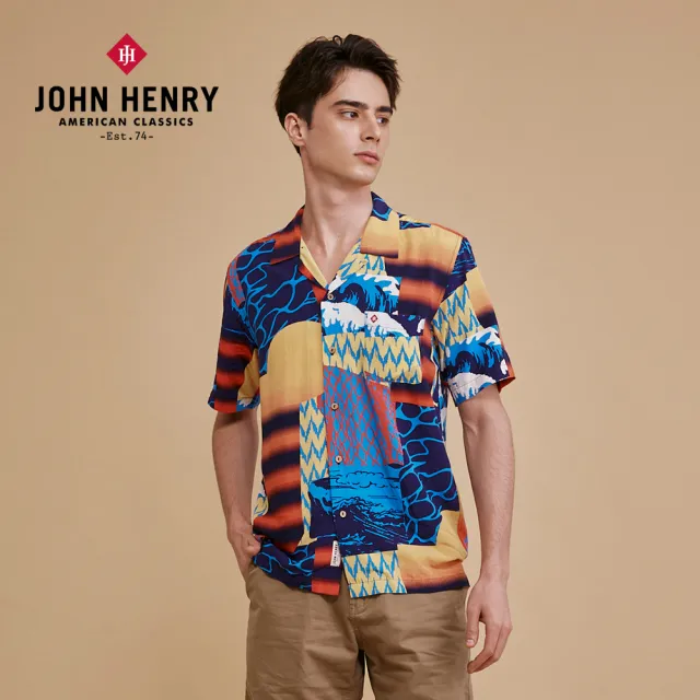 【JOHN HENRY】夏日元素不規則圖形花襯衫-藍