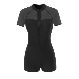 【Heatwave 熱浪】女款連身泳衣純色透視性感短袖拉鏈游泳衣(82768)