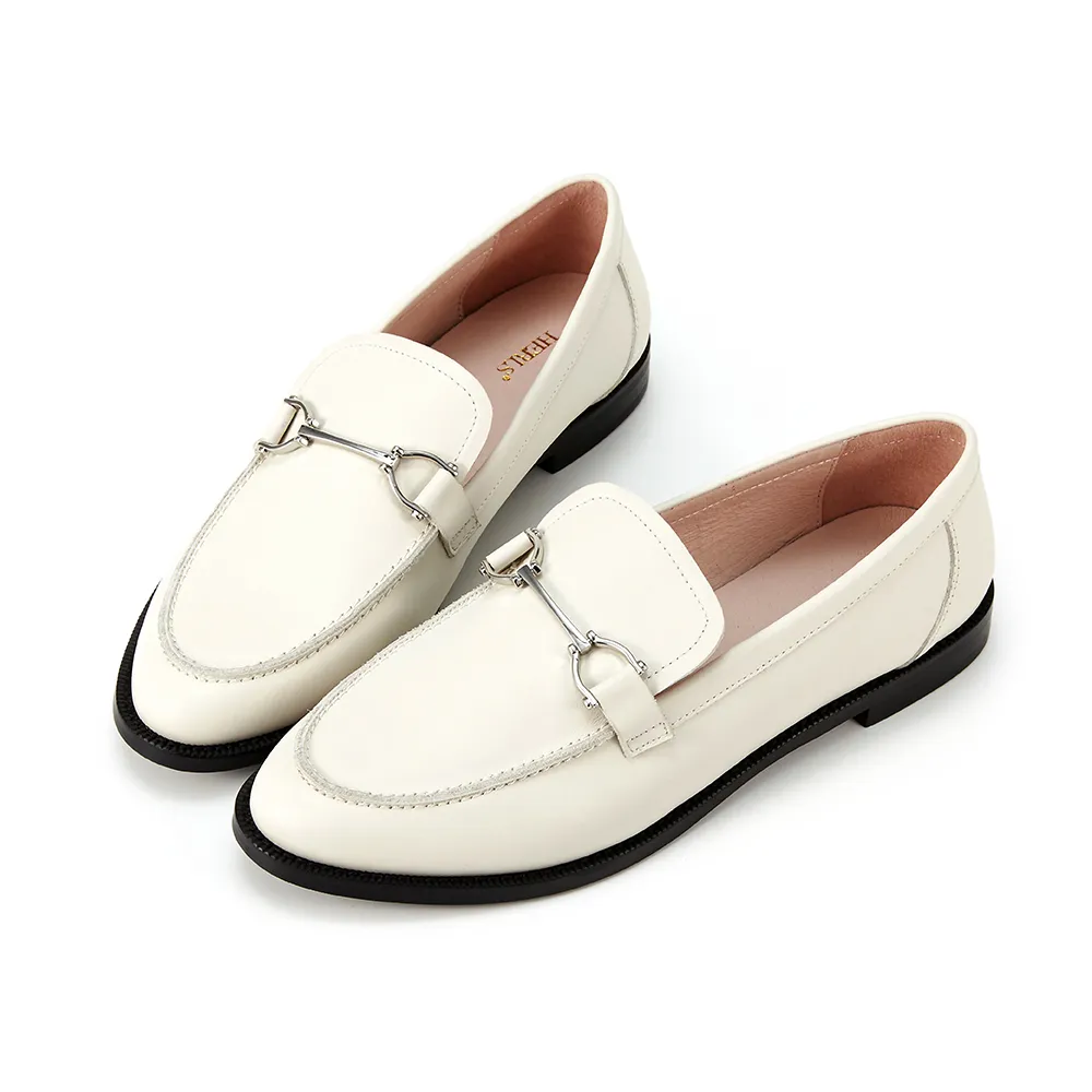 【HERLS】樂福鞋-全真皮馬銜釦橢圓頭低跟樂福鞋(白色)
