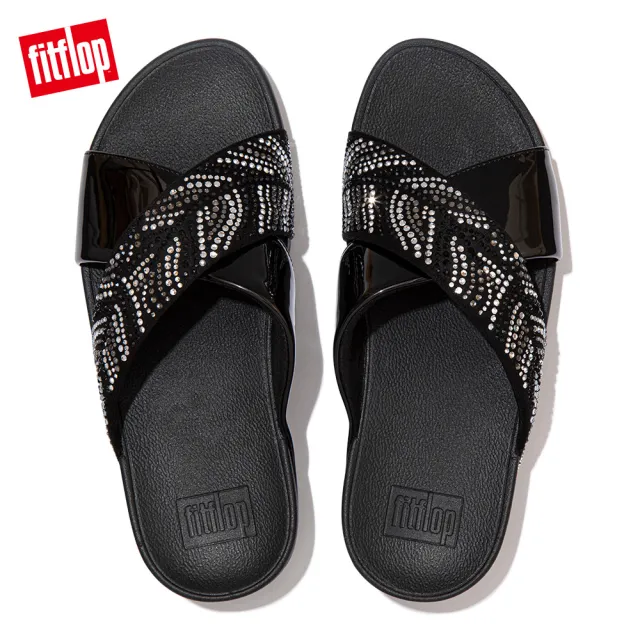 【FitFlop】LULU CRYSTAL FEATHER SLIDES 閃耀多色水鑽交叉涼鞋-女(靚黑色)