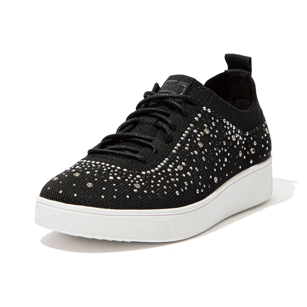 【FitFlop】RALLY OMBRE CRYSTAL KNIT SNEAKERS 運動風繫帶休閒鞋-女(黑色)