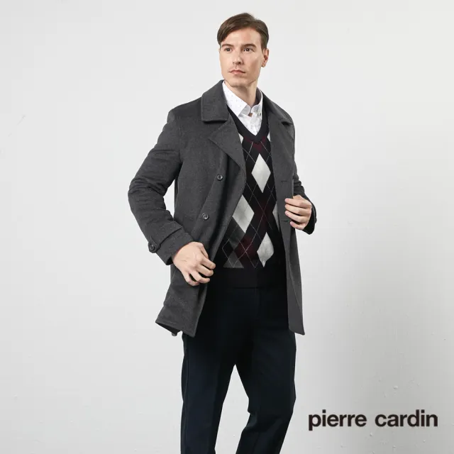 【pierre cardin 皮爾卡登】商務休閒 男款 都會休閒翻領羊毛風衣外套-深灰(5205783-98)