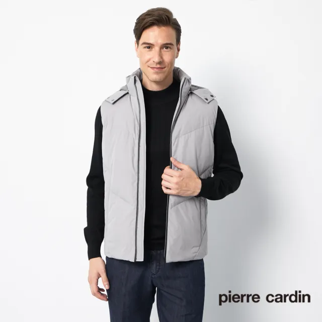 【pierre cardin 皮爾卡登】商務休閒 男款 休閒連帽可拆式羽絨保暖背心-淺灰(5205371-95)