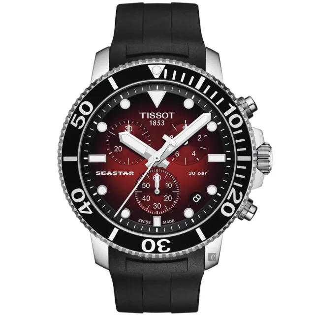 【TISSOT 天梭】水鬼 Seastar 1000 海洋之星300米潛水石英三眼計時手錶 送行動電源(T1204171742100)