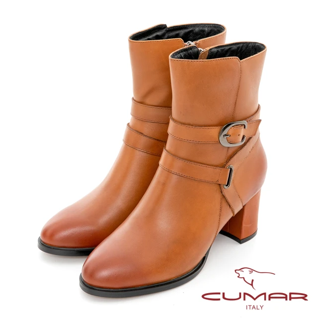 【CUMAR】擦色感環繞腳踝帶粗跟短靴(雙色棕)
