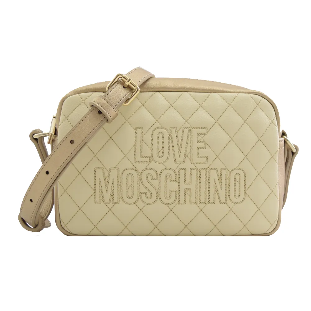 【MOSCHINO】LOVE MOSCHINO 刺繡菱格紋相機包斜背包(米金)