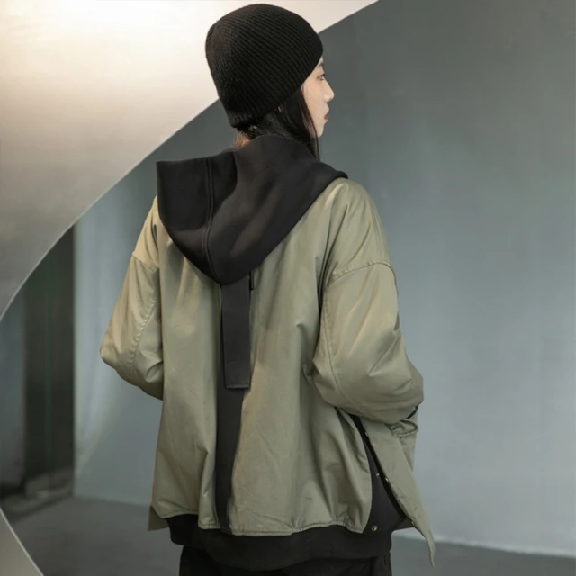 【設計所在】冬季工裝連帽大碼寬鬆假兩件棉衣外套中性男女通穿 SY-6178(S-M可選)