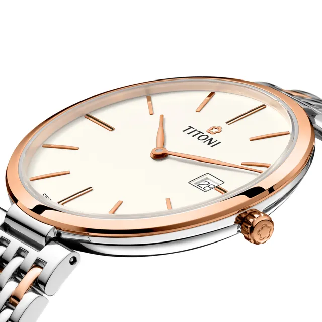 【TITONI 梅花錶】纖薄系列機械錶 白面/玫瑰金半金鋼帶 39mm(82718 SRG-606)