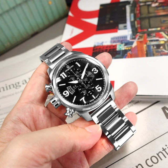 【elegantsis 愛樂時】經典時尚 三眼計時 日期 防水100米 不鏽鋼手錶 黑色 46mm(ELJT48MQS-OB06MA)