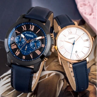 【FOSSIL】公司貨 流星皮革情人對錶/藍x藍(FS5061+ES3843)