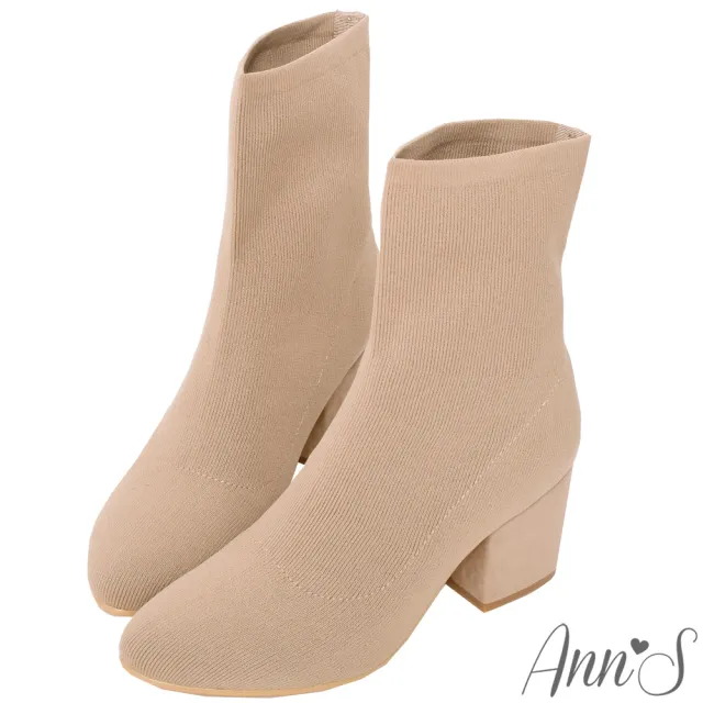 【Ann’S】穿了就變筷子腿彈性粗跟襪靴6.5cm(奶茶杏)