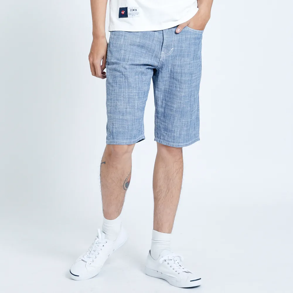 【EDWIN】男裝 503 基本五袋棉質 休閒短褲(石洗藍)